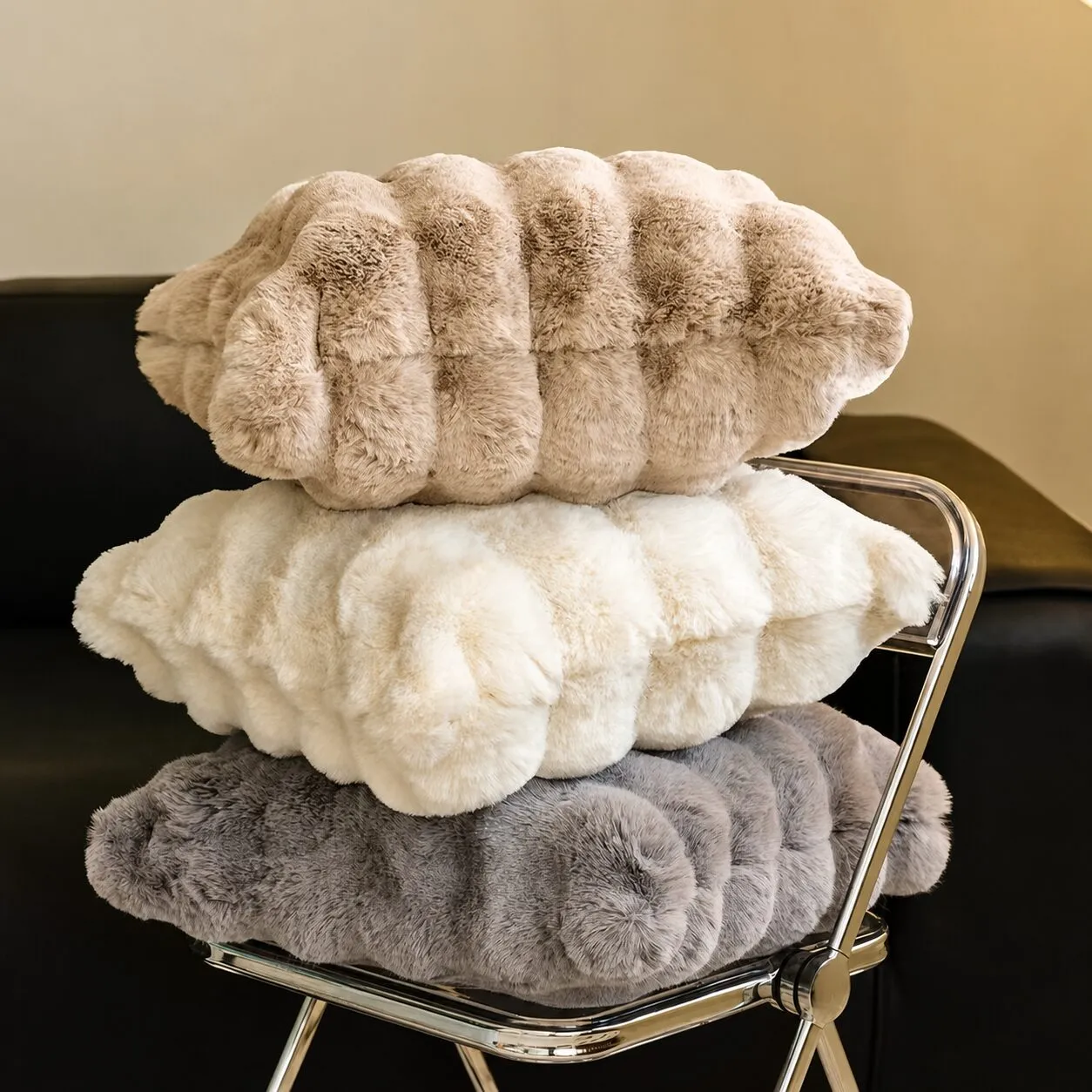 3D bubble faux fur cushions in three colorways, stacked