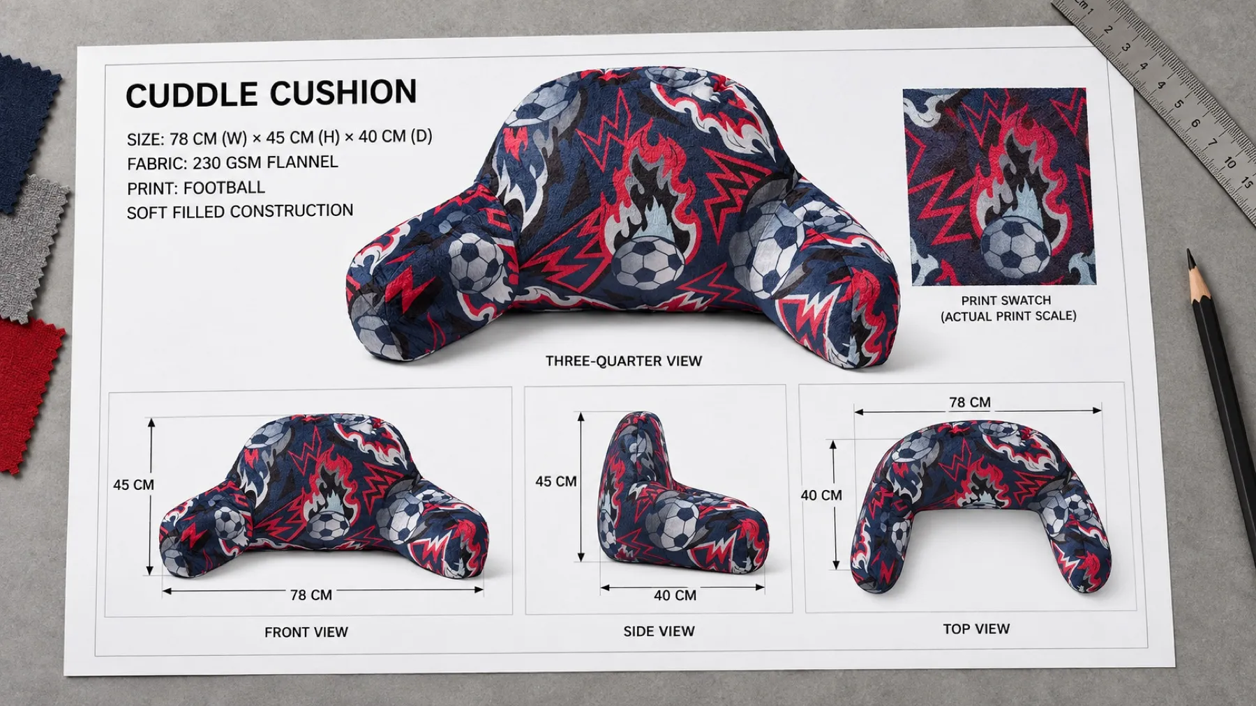 Design board for a football-print flannel cuddle cushion, 78 × 45 × 40 cm, 230 GSM